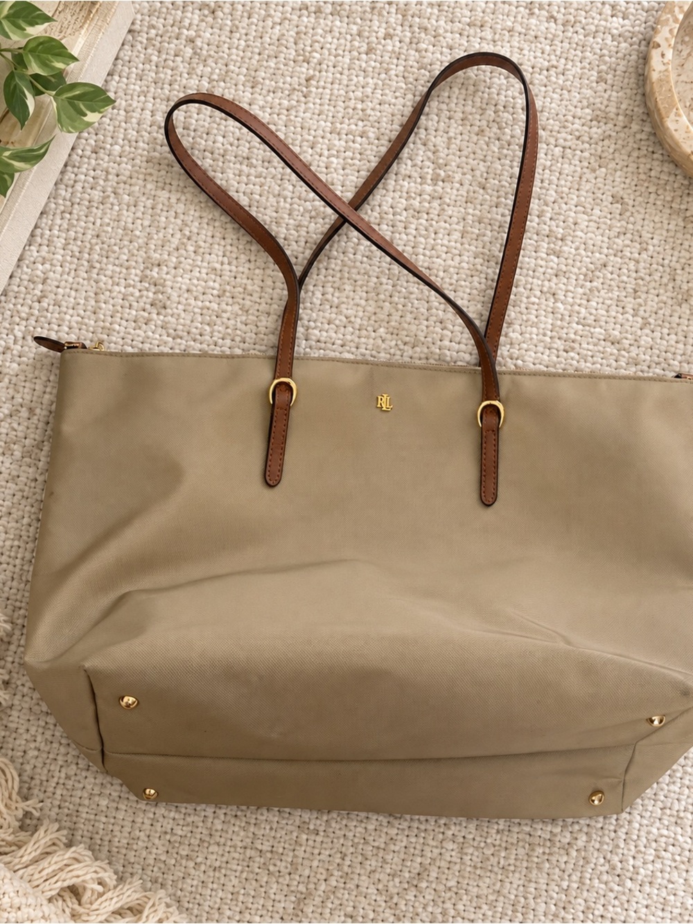 Lauren Ralph Lauren Medium Keaton Nylon Tote Khaki Cognac Leather Gold